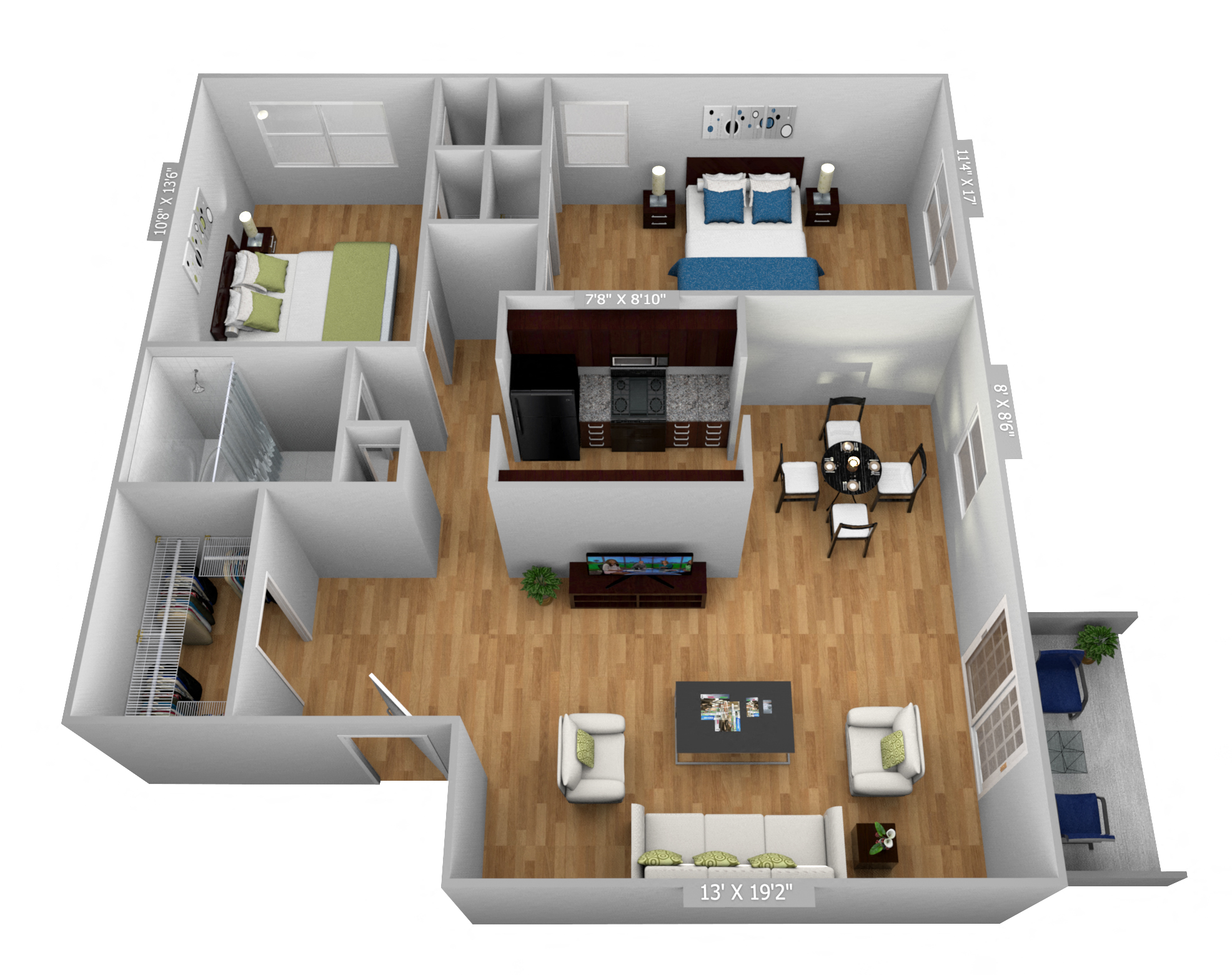 Floor plan for 2 beds, 1 bath, 960 sqft